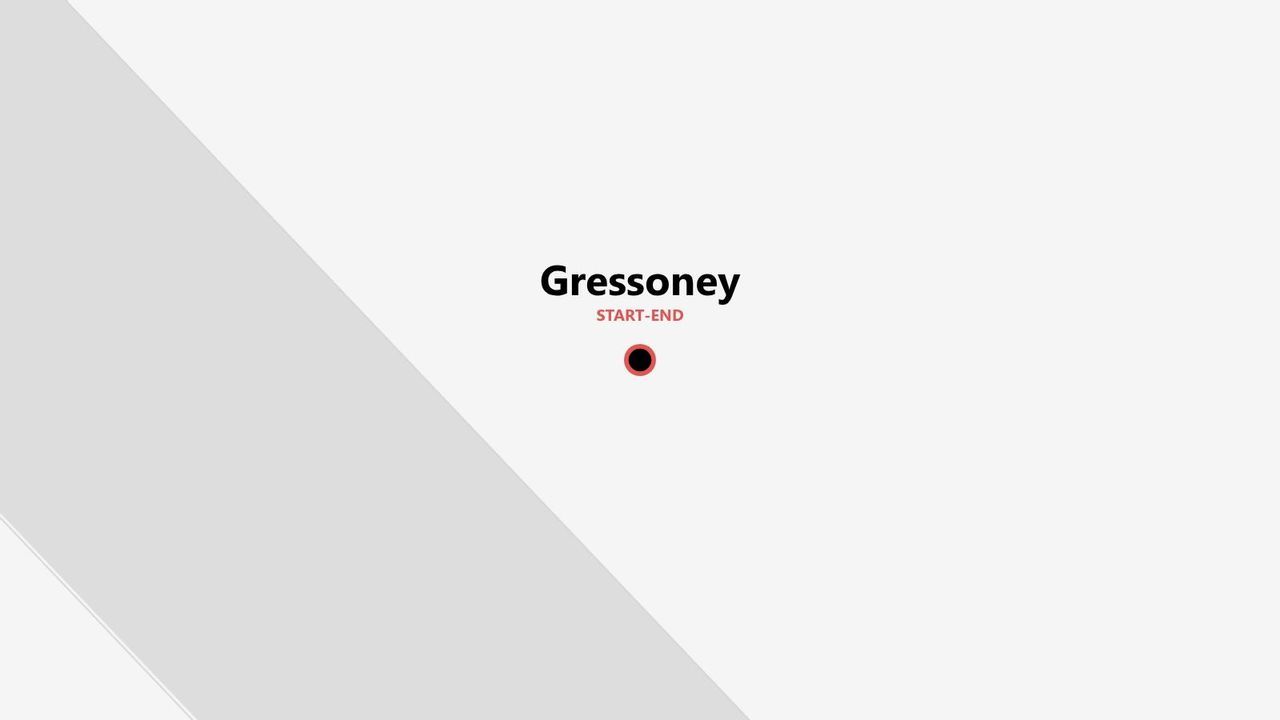 Una mappa grafica minimalista che mostra Gressoney come punto di partenza e arrivo di un itinerario, indicata da un marcatore circolare.