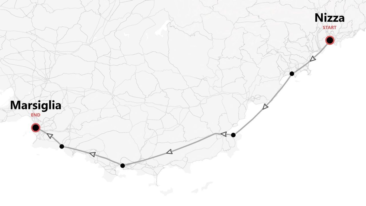 Mappa del percorso di viaggio da Nizza a Marsiglia