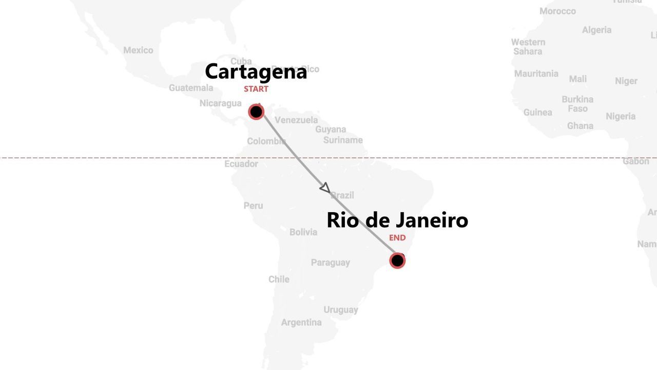 Mappa di un itinerario di viaggio con partenza da Cartagena, Colombia, e destinazione Rio de Janeiro, Brasile.