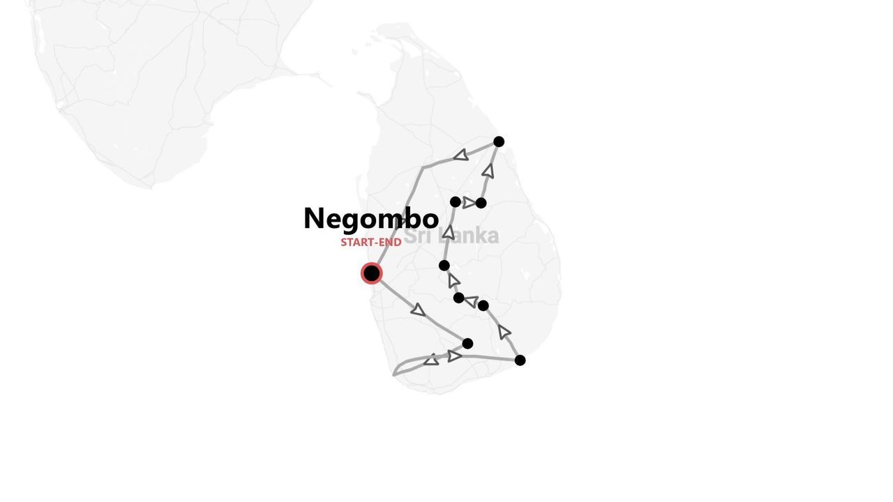 Una mappa dello Sri Lanka che mostra un itinerario di viaggio che inizia e finisce nella città di Negombo.