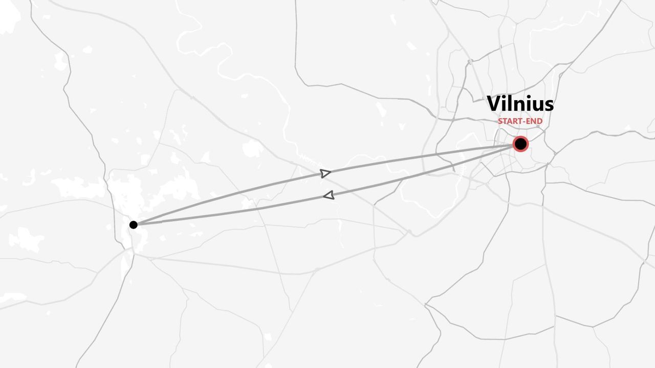 Mappa minimalista di un itinerario circolare con partenza e arrivo a Vilnius.