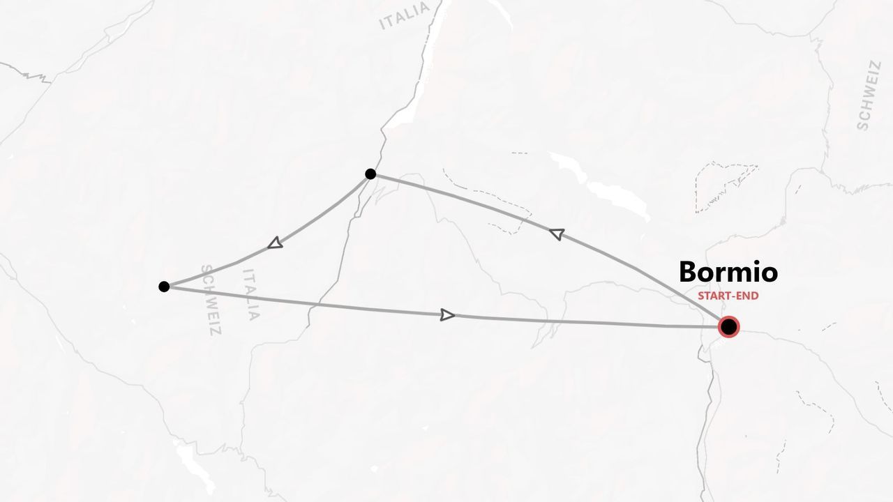 Mappa di un itinerario di viaggio triangolare che parte e finisce a Bormio, Italia, toccando un'altra località italiana e una svizzera.