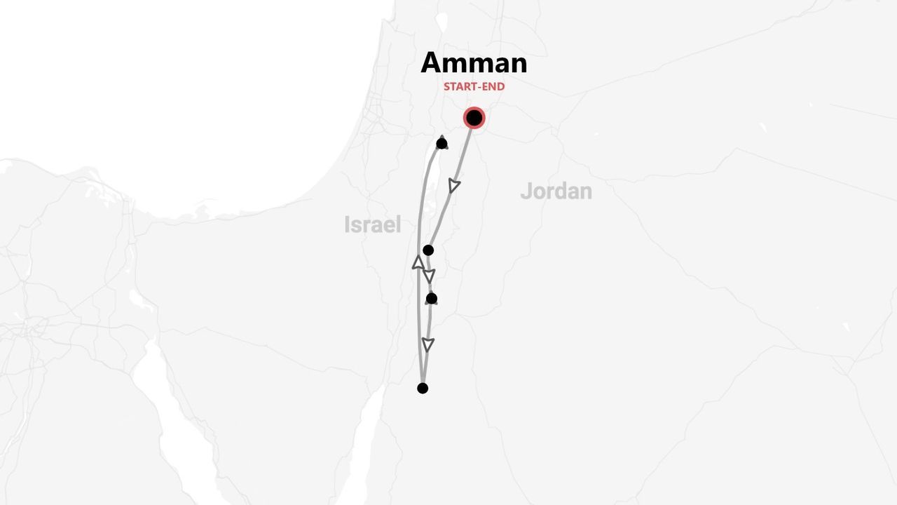 Mappa minimalista di un itinerario di viaggio con partenza e arrivo ad Amman, Giordania, che si estende a sud lungo il confine con Israele.
