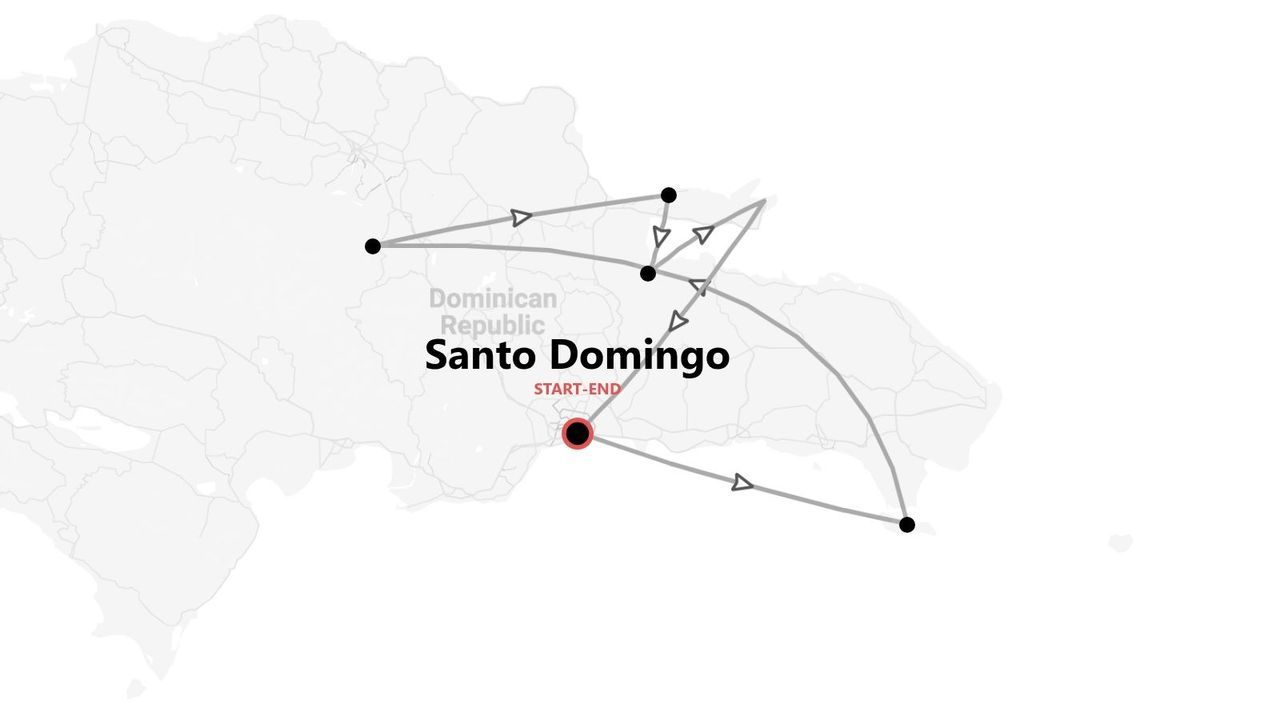 Una mappa della Repubblica Dominicana che mostra un itinerario turistico che inizia e finisce a Santo Domingo.