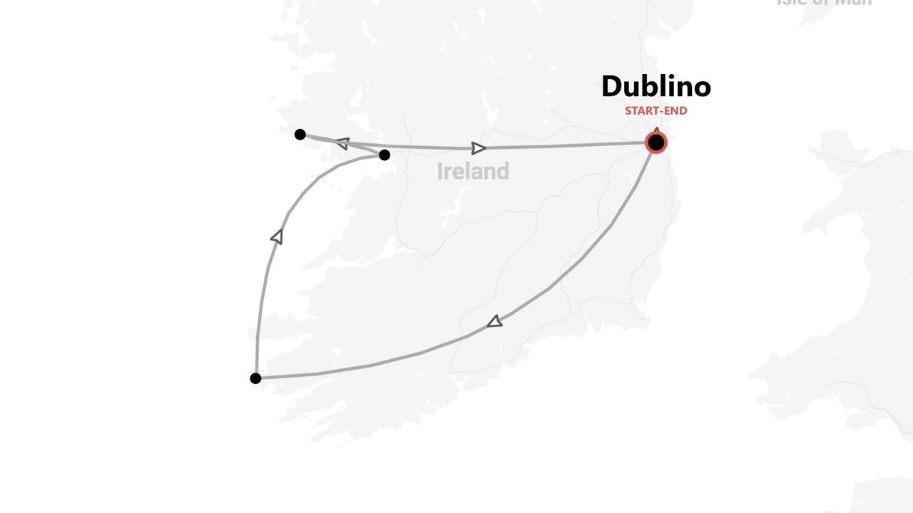 Mappa dell'Irlanda che mostra un itinerario di viaggio circolare. Il percorso inizia e finisce a Dublino, girando intorno all'isola.