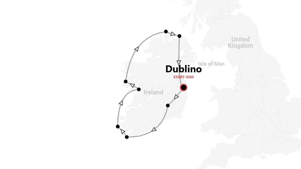 Una mappa che mostra un itinerario di viaggio circolare in Irlanda, con partenza e arrivo a Dublino e il Regno Unito a est.