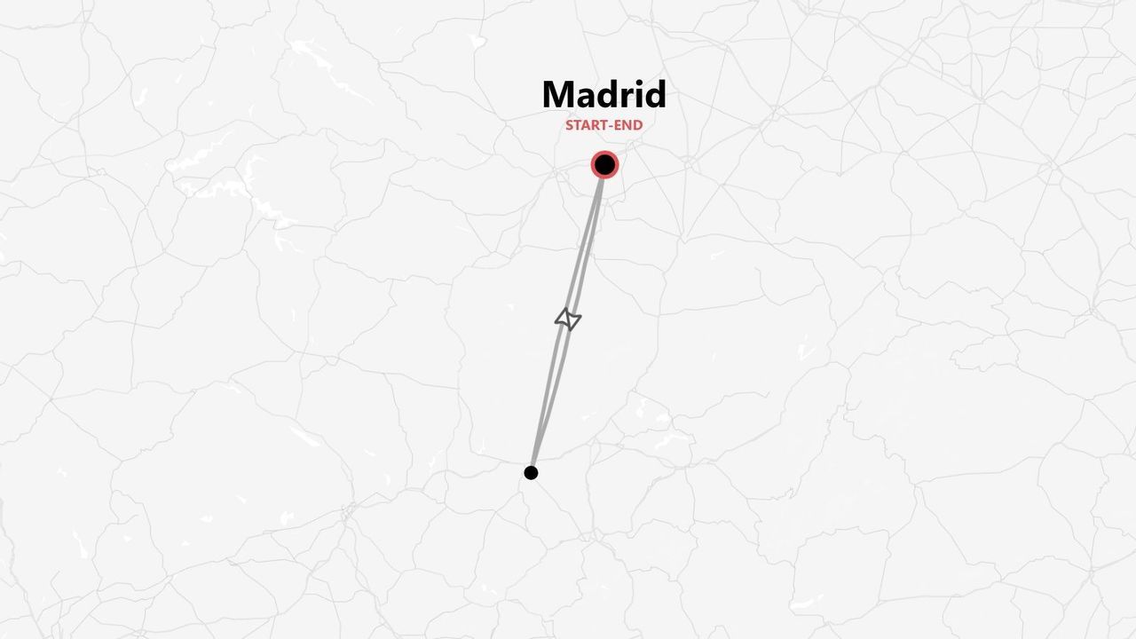 Mappa minimalista di un itinerario di viaggio con partenza e arrivo a Madrid, illustrato da una linea e un segnaposto.