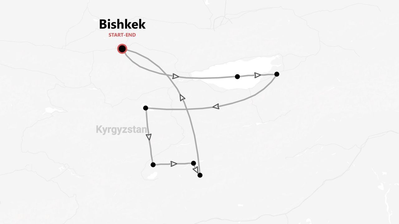 Una mappa che mostra un itinerario di viaggio attraverso il Kirghizistan, che inizia e finisce nella città di Bishkek.