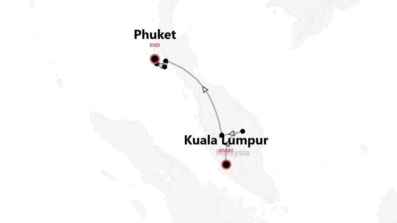 Mappa di un itinerario di viaggio da Kuala Lumpur, Malesia a Phuket.