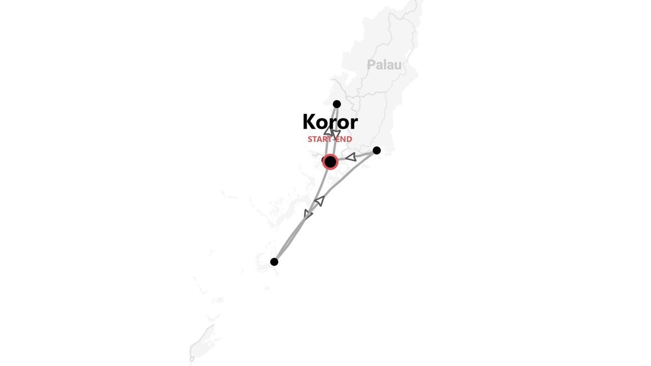 Mappa dell'itinerario di viaggio per un tour di Palau, con partenza e arrivo nella città di Koror.
