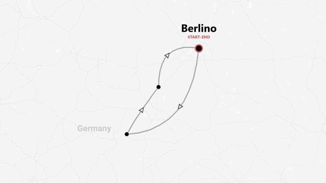 Mappa della Germania con itinerario di viaggio circolare, che inizia e finisce a Berlino.