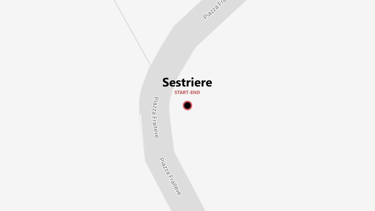 Una mappa minimalista di Sestriere, che mostra i punti di partenza e arrivo in Piazza Fraiteve.