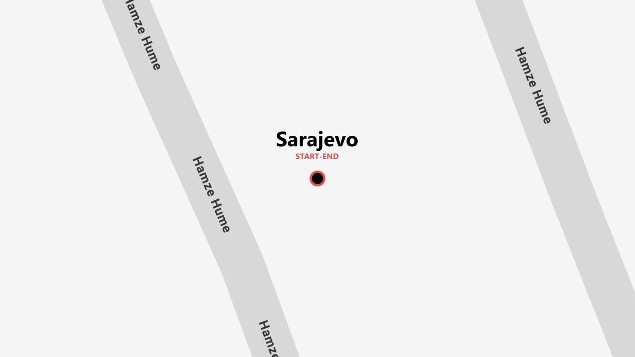 Una mappa minimalista con i punti di partenza e arrivo di un viaggio a Sarajevo, con indicata la via Hamze Hume.