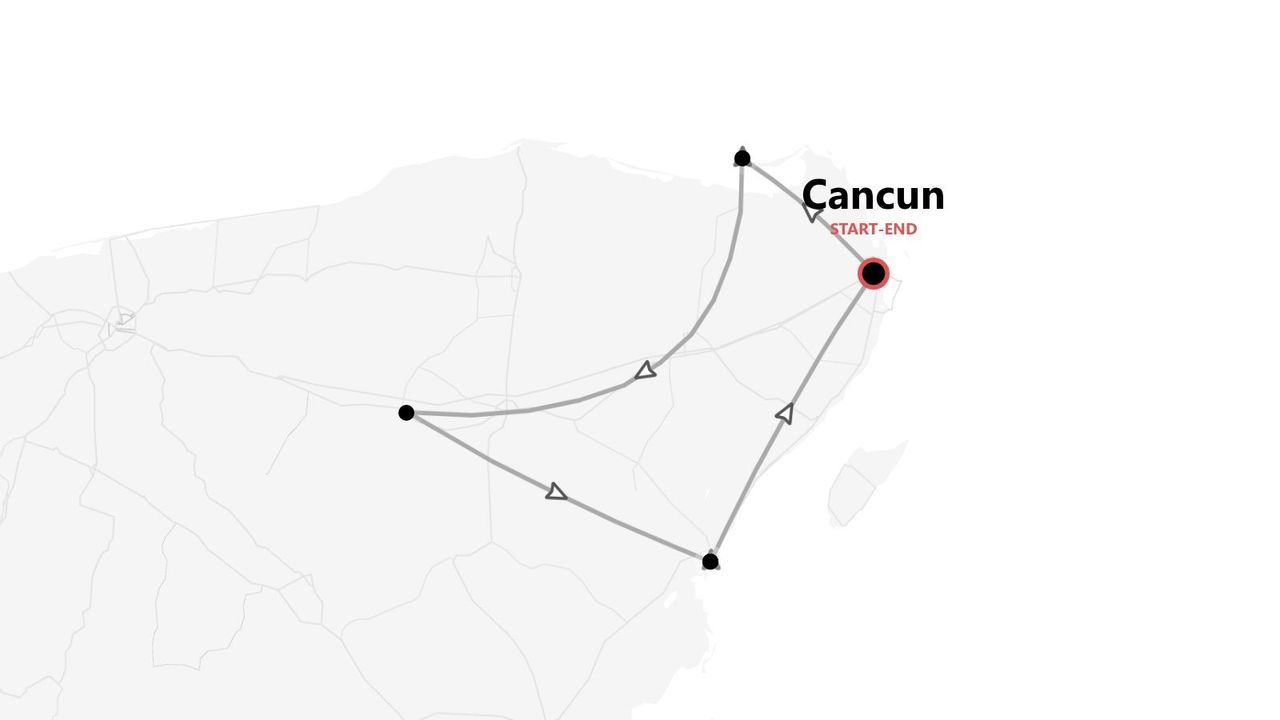 Una mappa che mostra un itinerario di viaggio circolare con diverse tappe, con inizio e fine a Cancun.