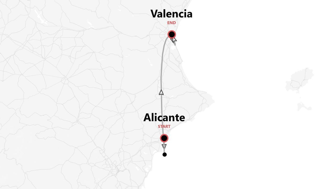 Una mappa dell'itinerario di viaggio da Alicante a Valencia, lungo la costa spagnola.