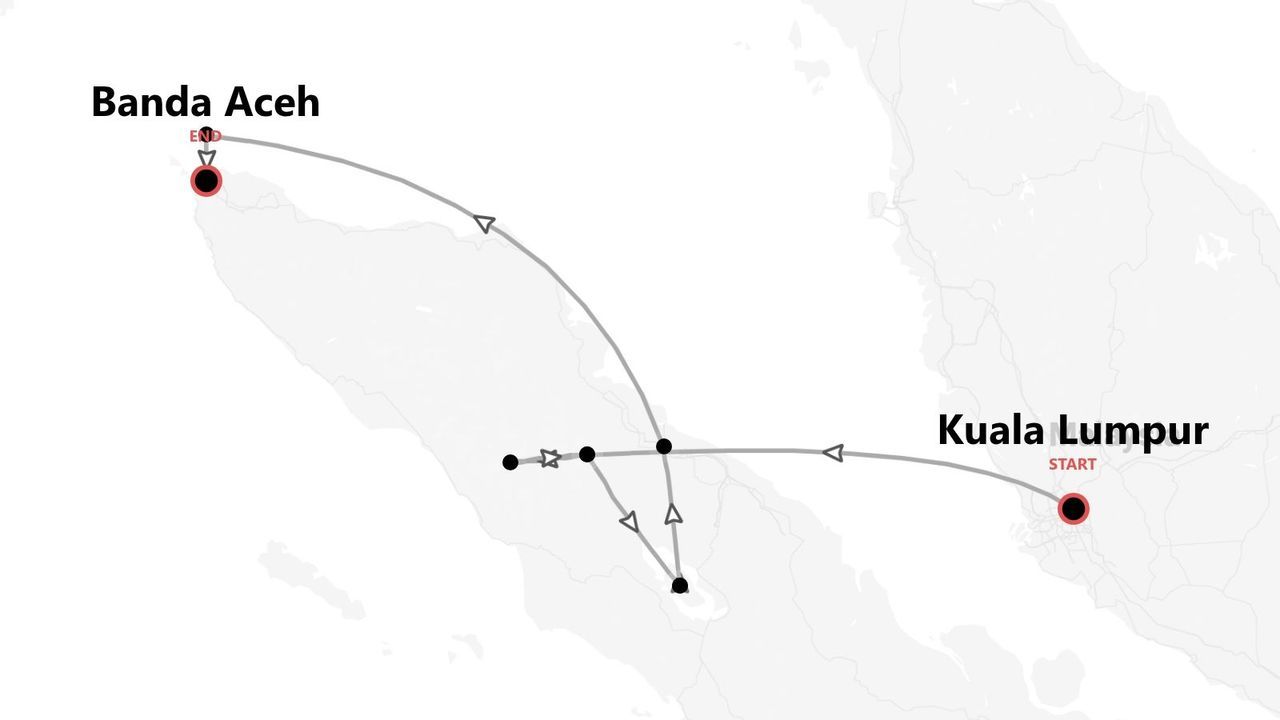 Una mappa che mostra un itinerario di viaggio da Kuala Lumpur a Banda Aceh, con diverse fermate intermedie.