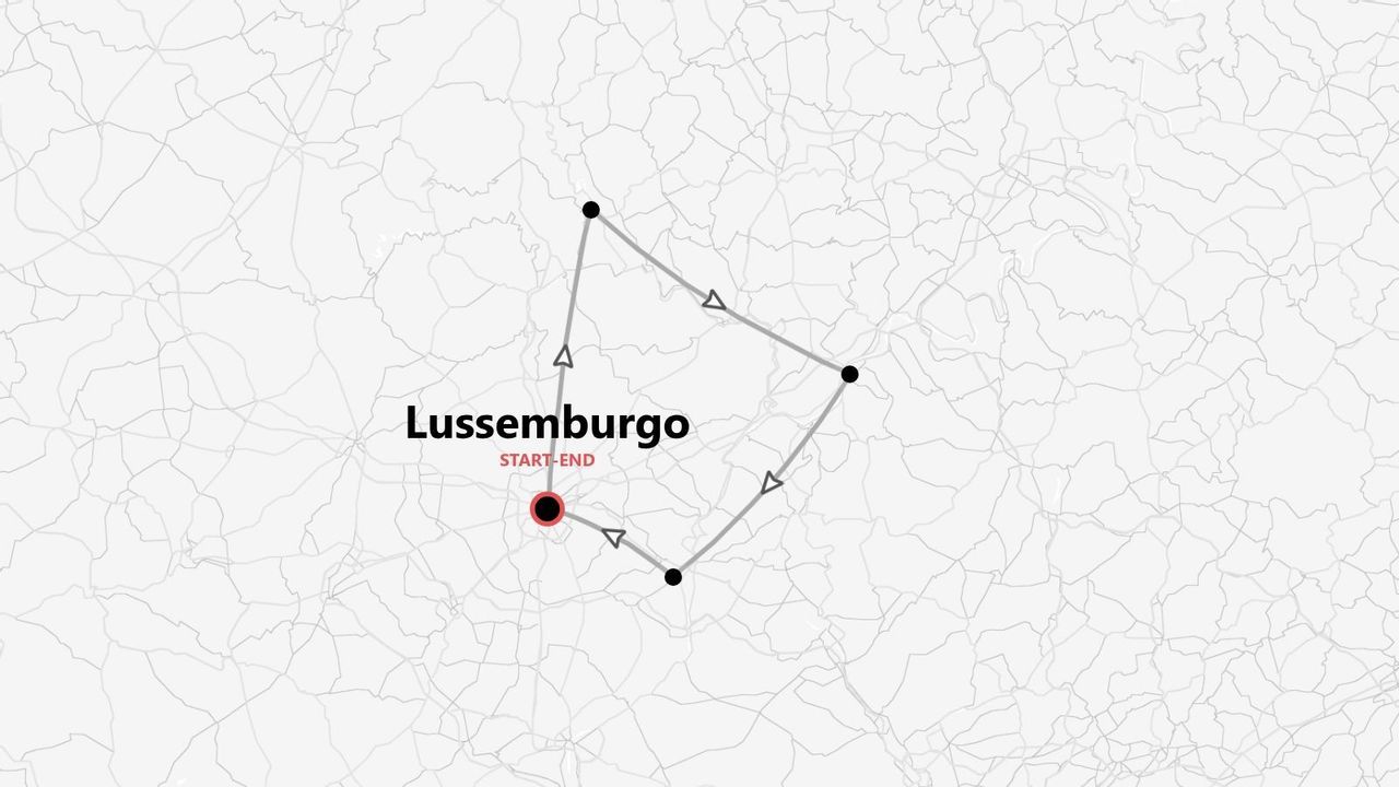 Una mappa stilizzata di un itinerario di viaggio ad anello che inizia e finisce in Lussemburgo, con varie tappe.