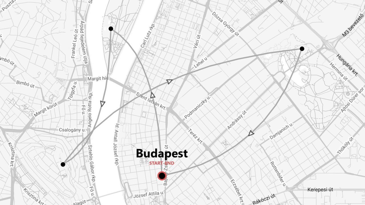 Una mappa in bianco e nero di Budapest, Ungheria, che mostra un percorso pianificato con punti di inizio e fine segnati sulle strade della città.