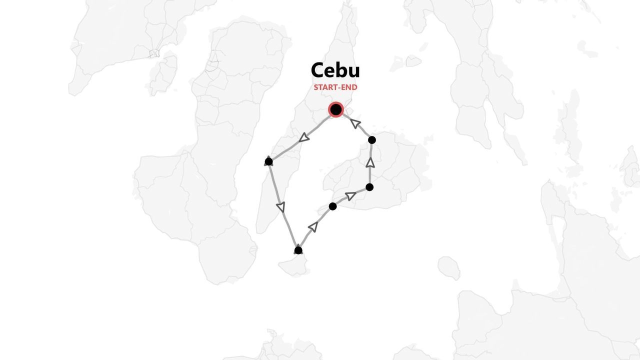 Una mappa stilizzata che mostra un itinerario di viaggio con partenza e arrivo a Cebu, visualizzato come un percorso ad anello su una mappa sfumata.