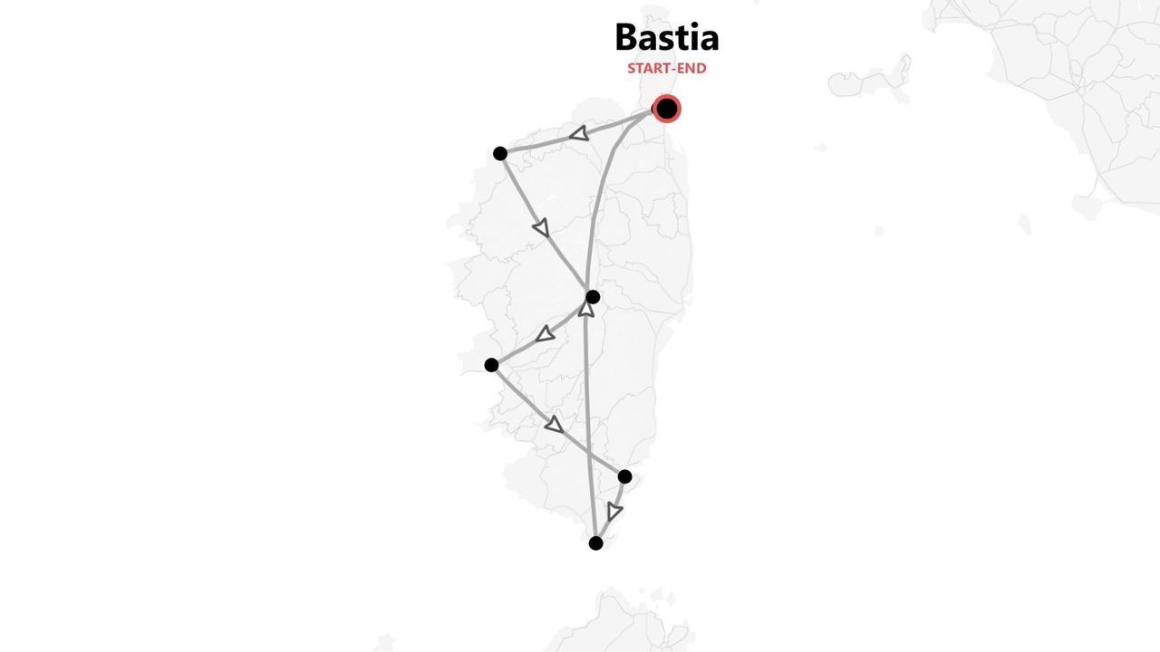 Mappa di un itinerario circolare in Corsica, con partenza e arrivo a Bastia.