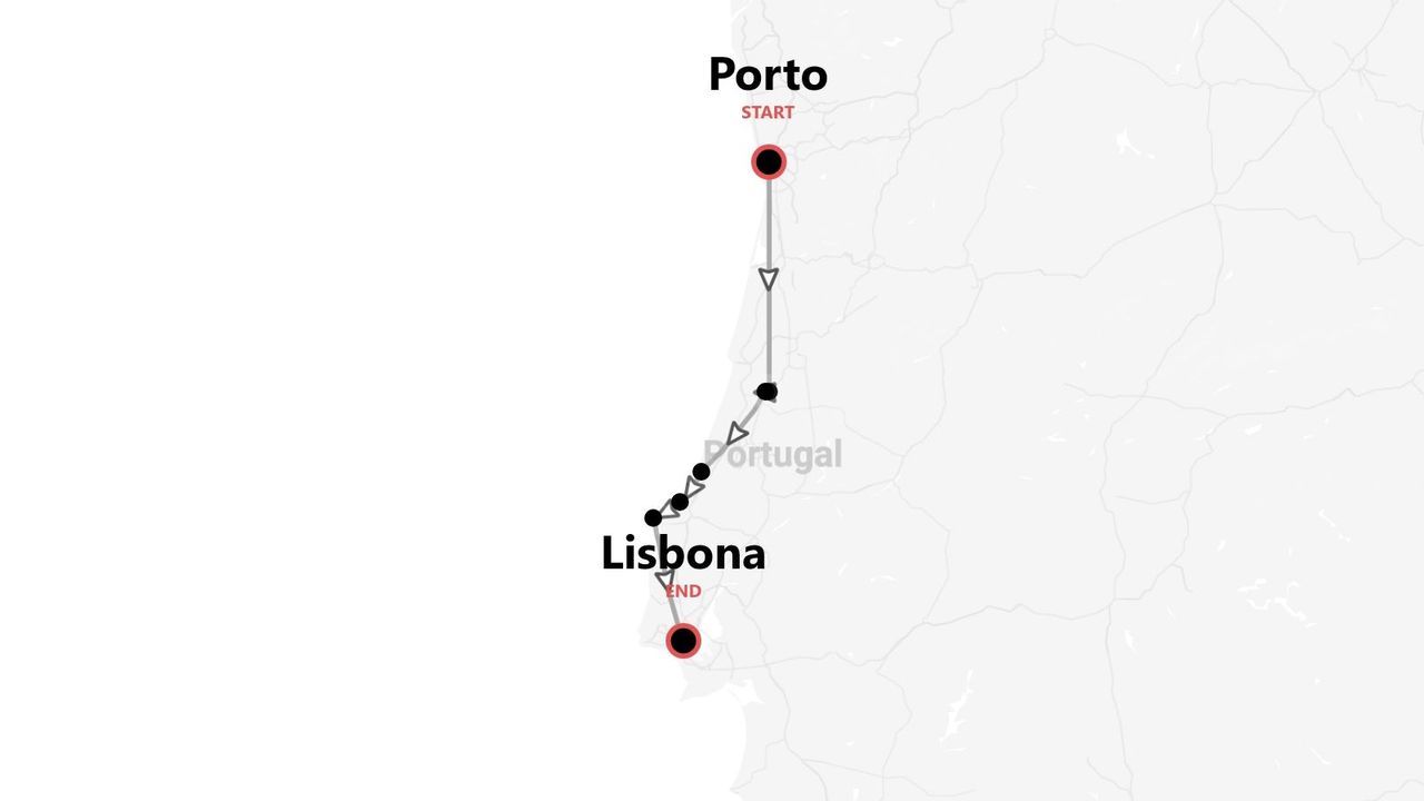 Mappa del Portogallo con itinerario di viaggio da Porto a Lisbona