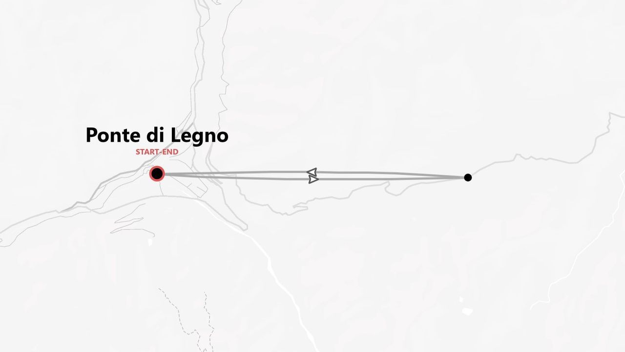 Mappa stilizzata che mostra un itinerario circolare con partenza e arrivo a Ponte di Legno, indicato da un segnaposto rosso.