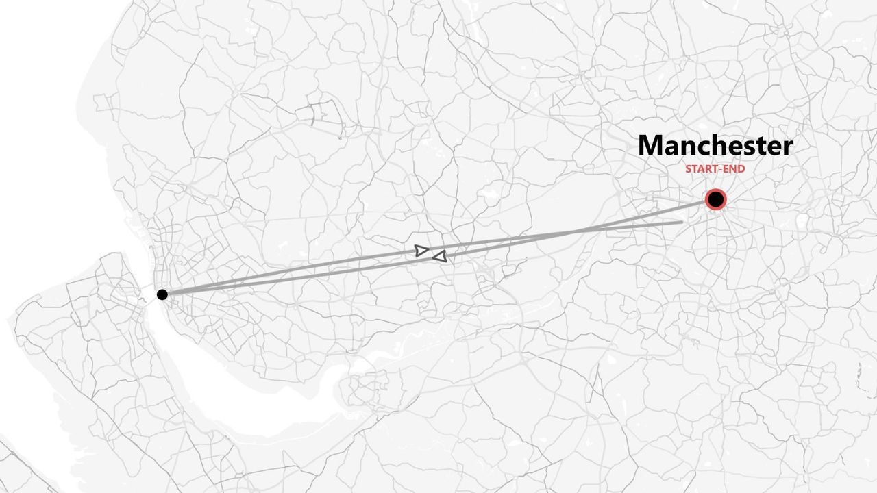 Mappa di un itinerario di viaggio circolare con partenza e arrivo a Manchester.