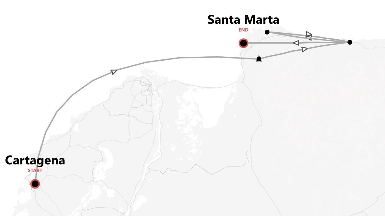 Una mappa minimalista che mostra un itinerario di viaggio con inizio a Cartagena e fine a Santa Marta.