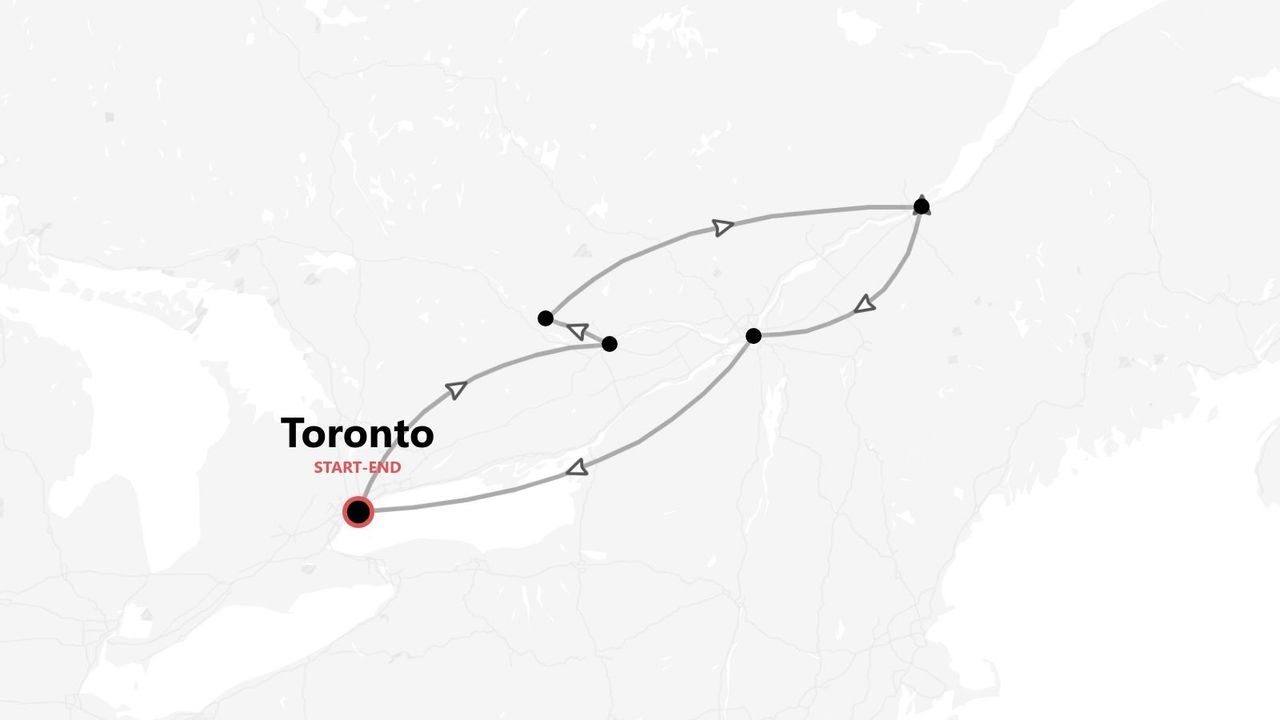 Una mappa che mostra un itinerario di viaggio ad anello con diverse tappe, con partenza e arrivo a Toronto.