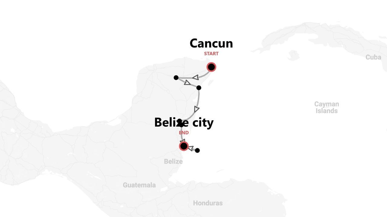 Una mappa che mostra un itinerario di viaggio con partenza da Cancun e arrivo a Belize City.