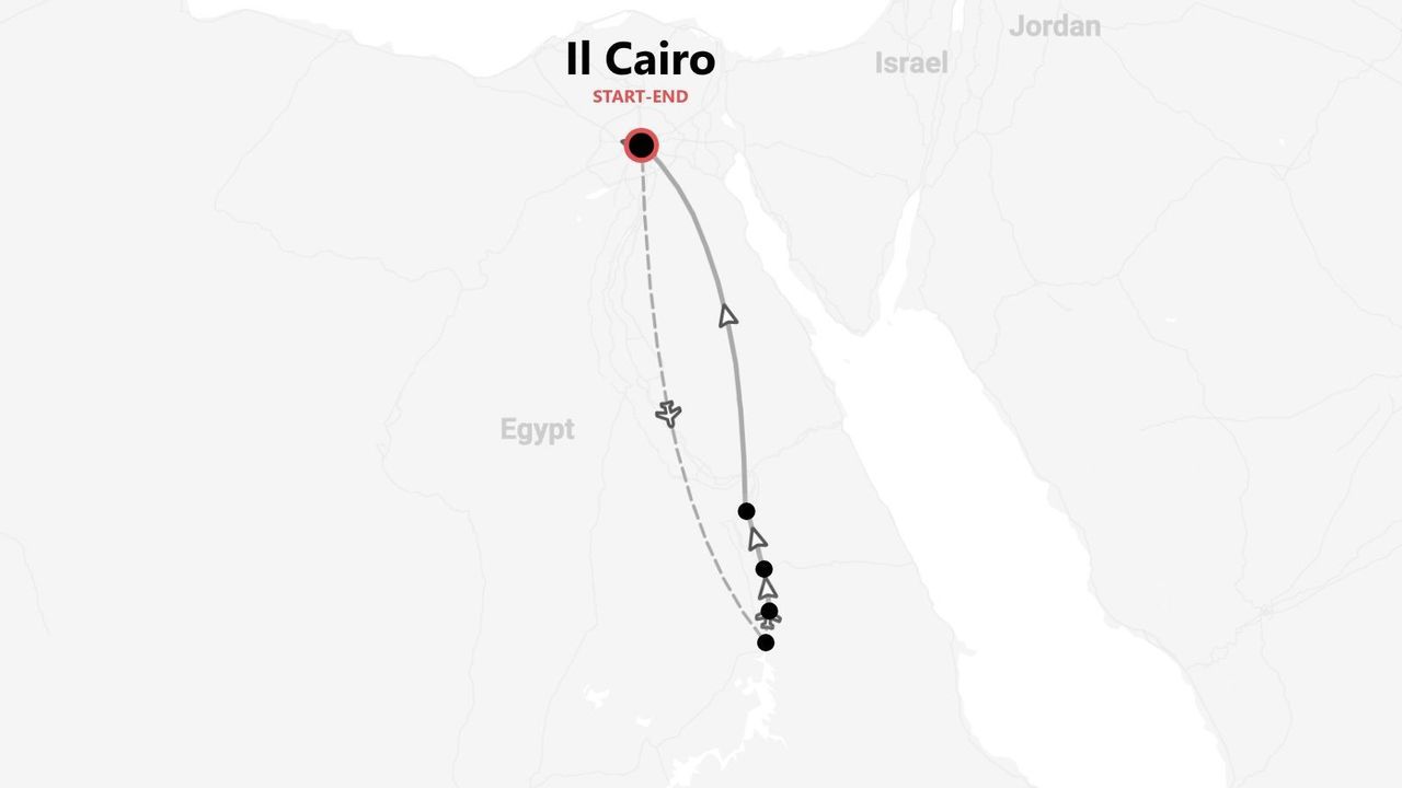 Mappa di un itinerario di viaggio in Egitto, con inizio e fine al Cairo e navigazione a sud lungo il fiume Nilo.