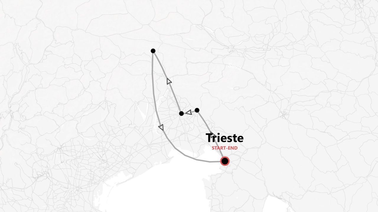 Mappa minimalista che mostra un itinerario di viaggio circolare con frecce, con partenza e arrivo a Trieste.