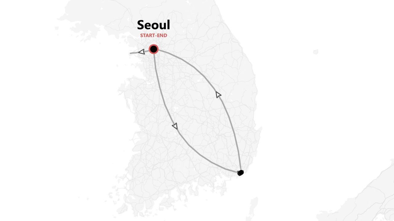 Una mappa della Corea del Sud che mostra un itinerario di viaggio con inizio e fine a Seoul.