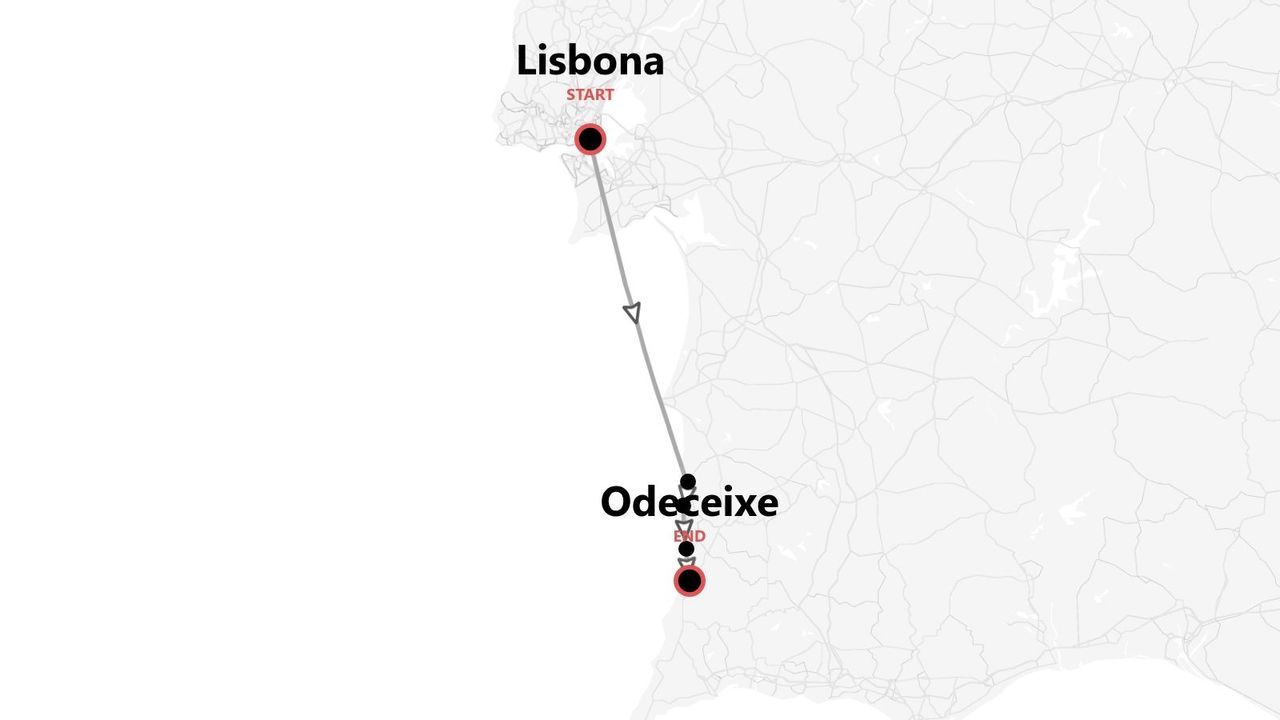 Una mappa del Portogallo che mostra un itinerario di viaggio che inizia a Lisbona e termina a Odeceixe.