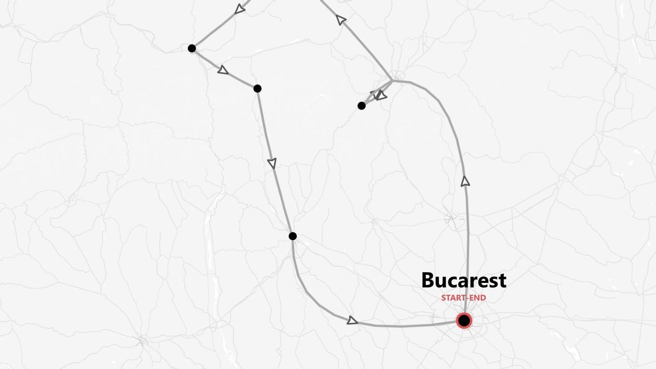 Mappa stilizzata di un itinerario di viaggio con partenza e arrivo a Bucarest, il cui percorso è segnato da una linea e frecce.