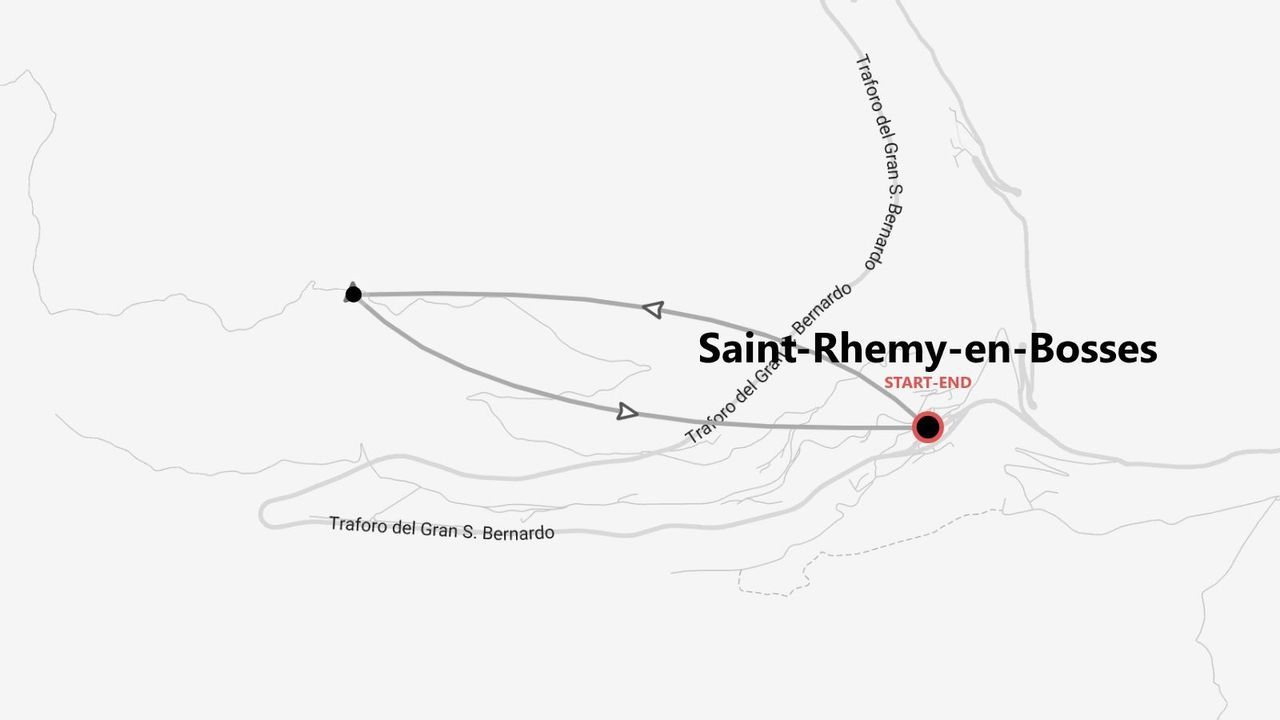 Mappa minimalista di un percorso circolare con partenza e arrivo a Saint-Rhemy-en-Bosses, che passa vicino al Traforo del Gran S. Bernardo.