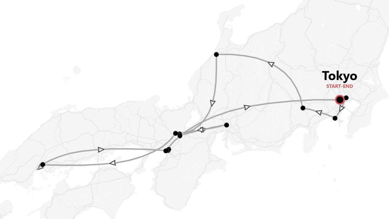 Mappa di un itinerario di viaggio attraverso il Giappone, che mostra un percorso ad anello con diverse fermate che inizia e finisce a Tokyo.