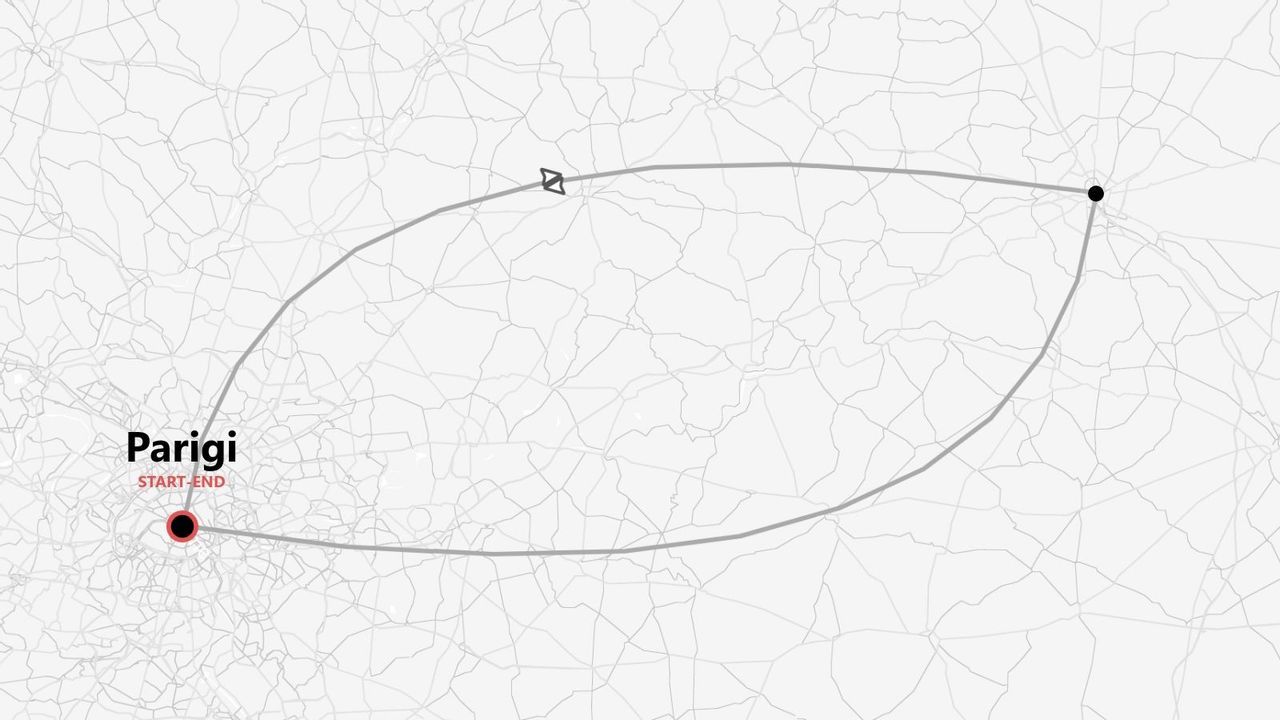 Una mappa stilizzata che mostra un itinerario di viaggio che inizia e finisce a Parigi, formando un percorso ad anello con un'icona di volo.
