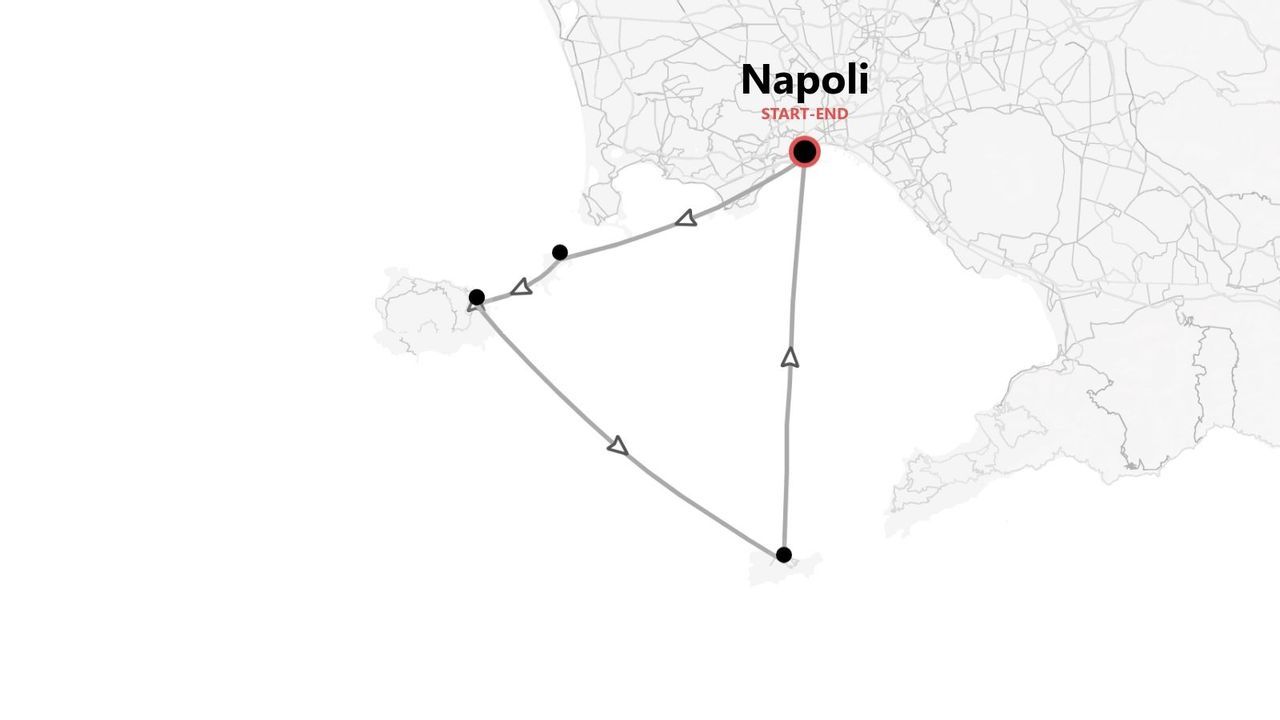 Mappa illustrata di un itinerario di viaggio circolare che parte e arriva a Napoli, collegando diversi punti.