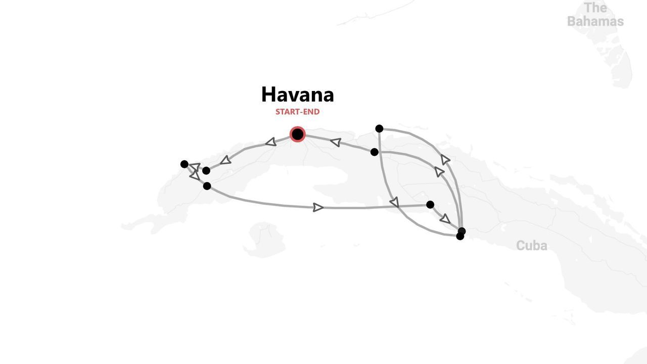 Una mappa che mostra un itinerario di viaggio per un tour di Cuba, con partenza e arrivo all'Avana.