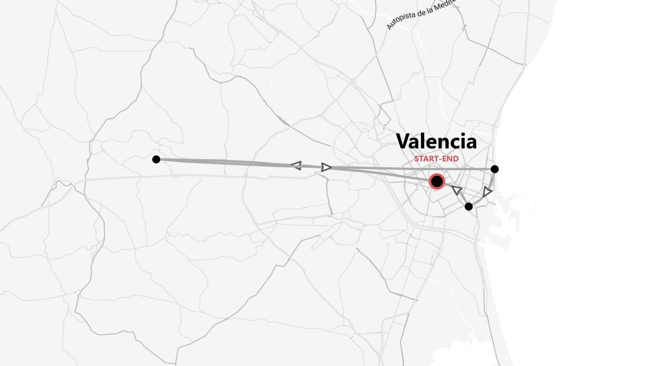 Mappa stilizzata di un itinerario di viaggio con partenza e arrivo a Valencia, Spagna, e il percorso evidenziato.