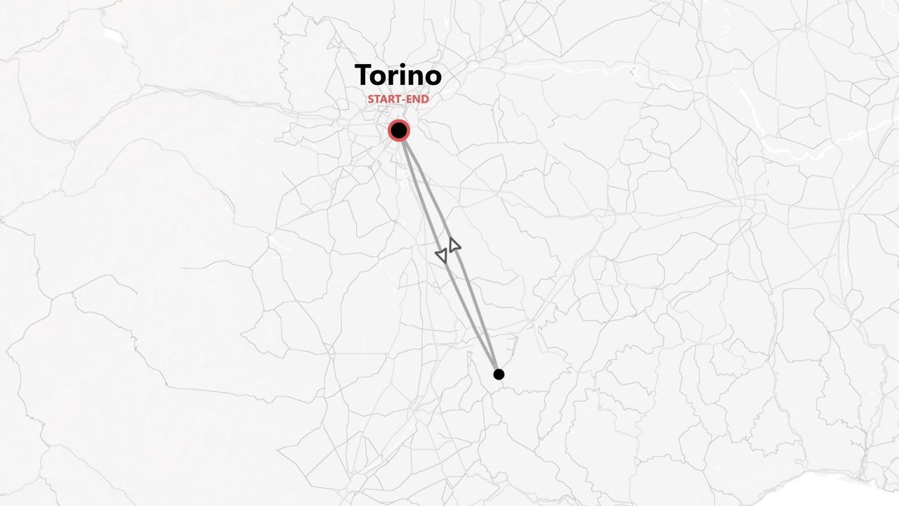 Mappa di un itinerario di viaggio di andata e ritorno con partenza e arrivo a Torino.