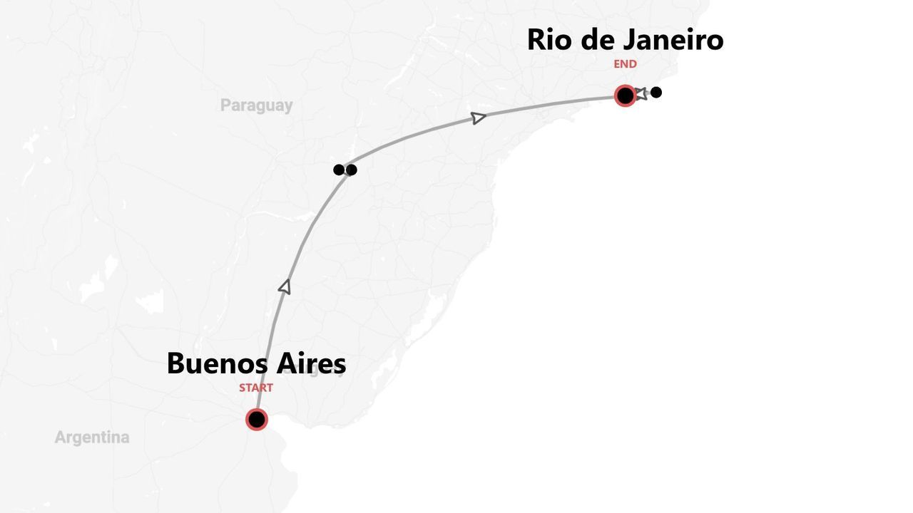Una mappa che mostra un itinerario di viaggio con partenza da Buenos Aires, Argentina, e arrivo a Rio de Janeiro, passando per il Paraguay.
