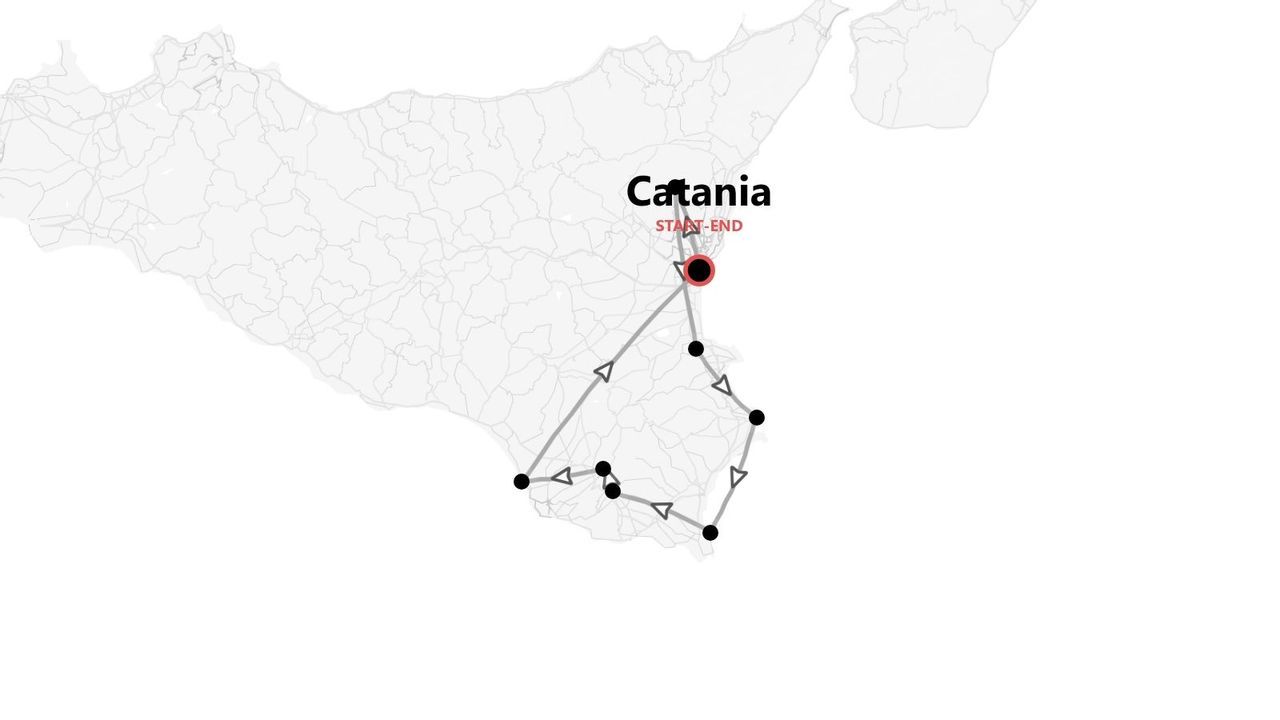 Mappa di un itinerario di viaggio in Sicilia, che mostra un percorso ad anello con partenza e arrivo a Catania.