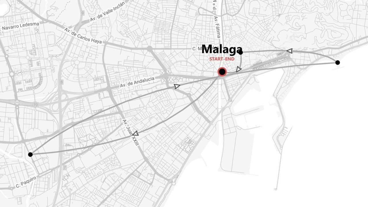 Una mappa in bianco e nero di Malaga che mostra tre percorsi distinti che iniziano e finiscono in un punto centrale.