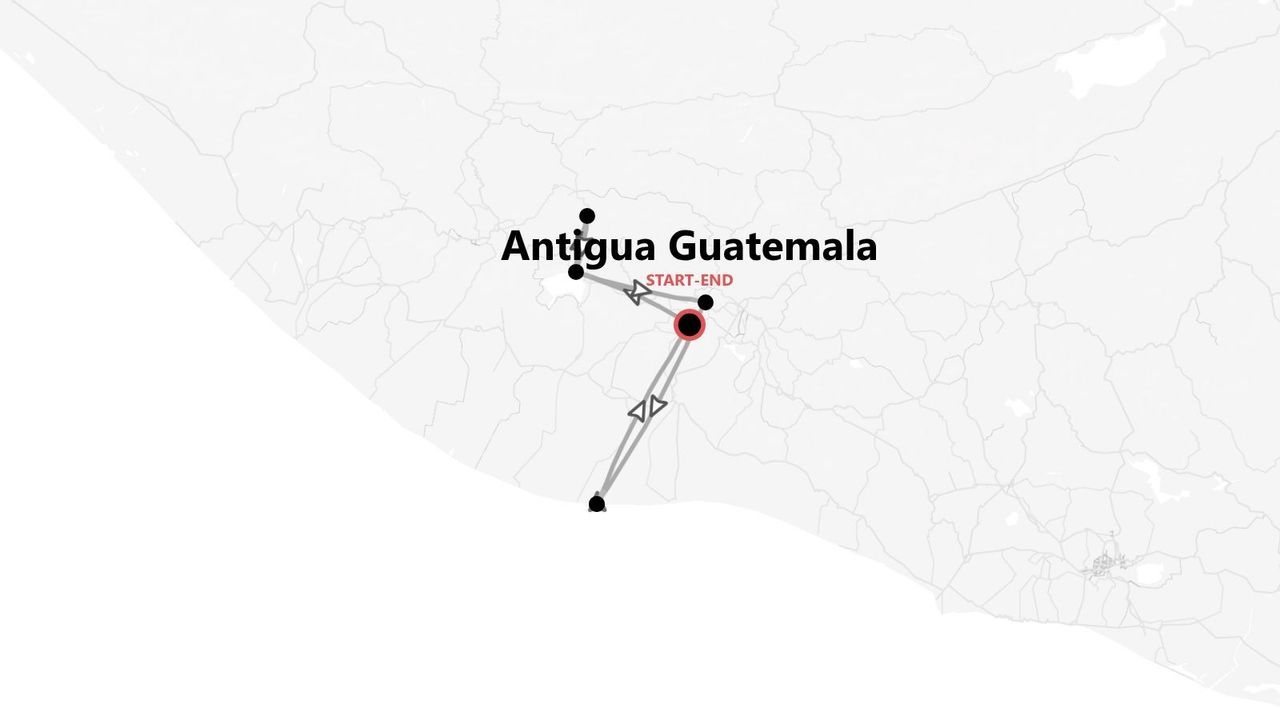 Una mappa minimalista che mostra un itinerario turistico con inizio e fine vicino ad Antigua, Guatemala.
