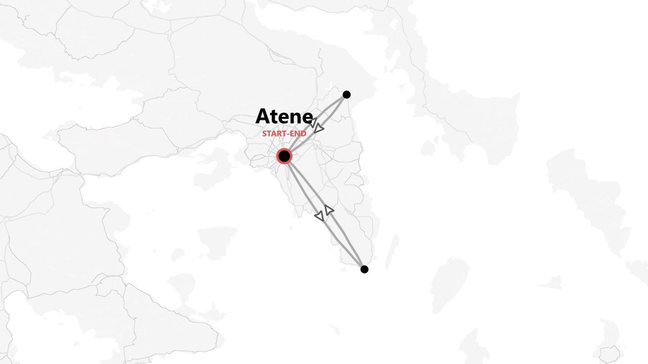 Mappa di un itinerario di viaggio con partenza e arrivo ad Atene, che si estende ad altre due località in Grecia.