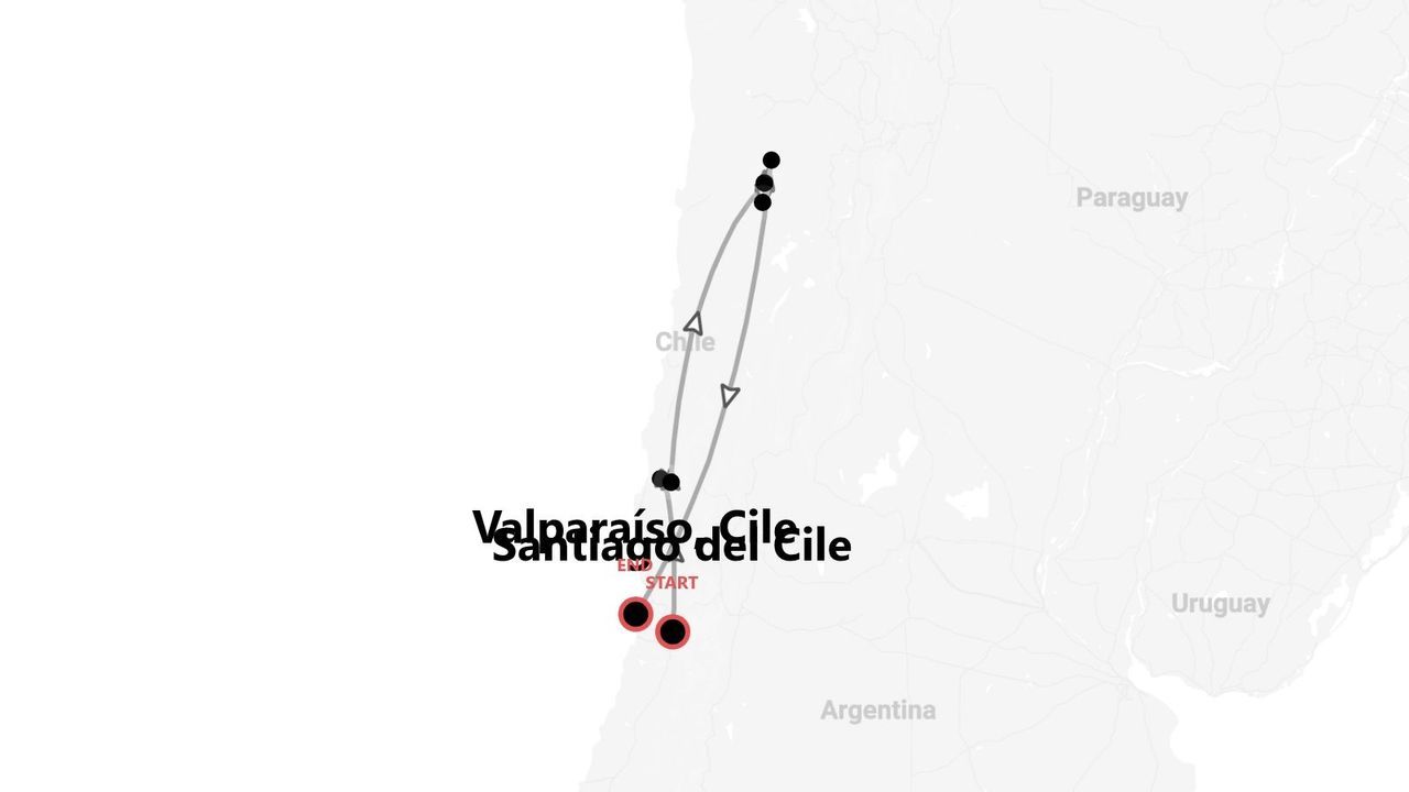 Mappa di un itinerario di viaggio in Cile: partenza da Santiago del Cile, giro a nord e arrivo a Valparaíso.