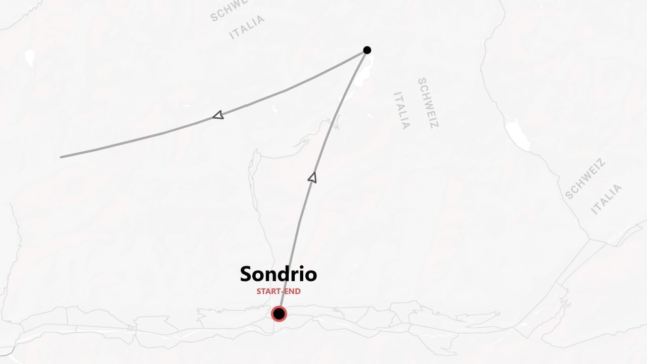 Mappa dell'itinerario di un viaggio che inizia e finisce a Sondrio, Italia, con un percorso circolare attraverso la Svizzera.