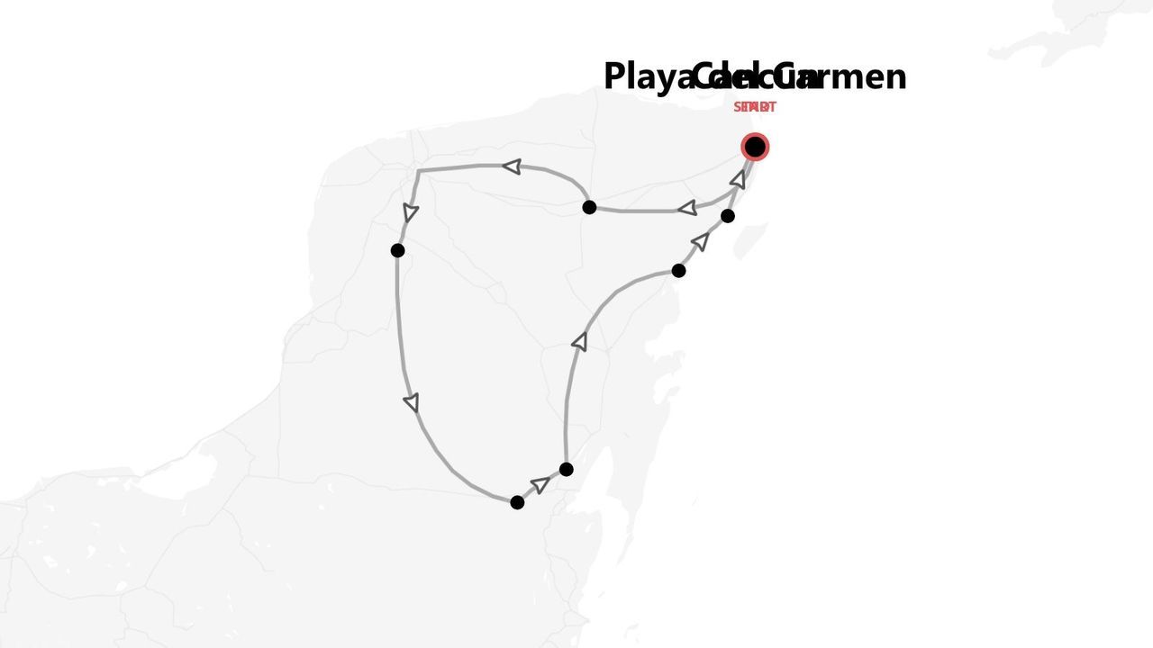 Mappa di un itinerario di viaggio in Messico, con partenza e arrivo a Playa del Carmen, e il percorso tracciato da una linea ad anello e punti.